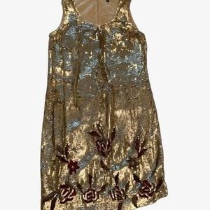 BIBA Vintage Gold Sequin Shift Dress with Floral Embroidery